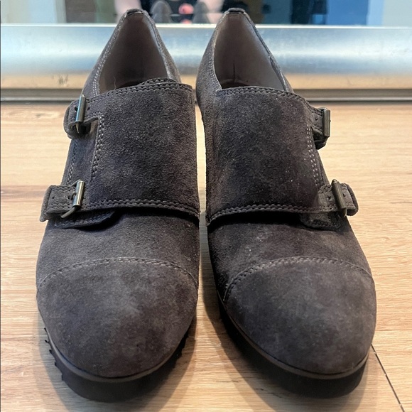 Anyi Lu Nancy Suede Monk Strap Pumps Gray Italian Leather Block Heels Size 41/10 - Picture 4 of 12